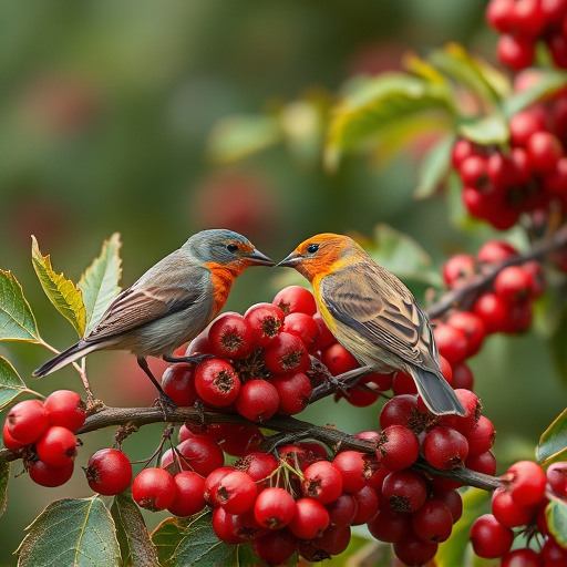 Birds pecking at ripe rowan berries