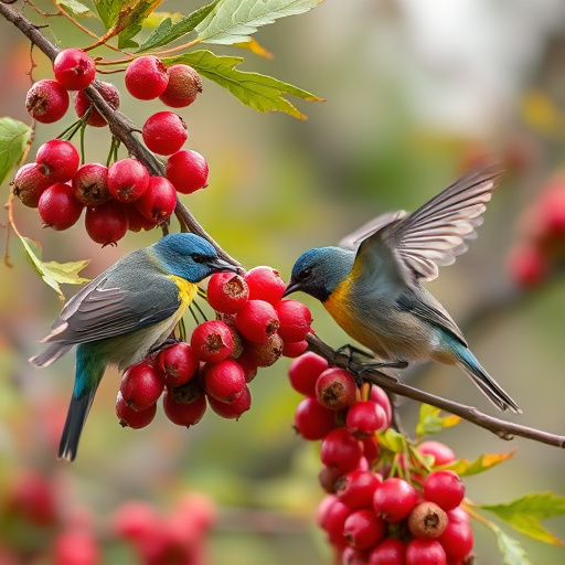 Birds pecking at ripe rowan berries
