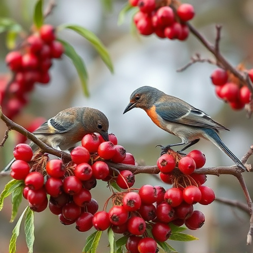 Birds pecking at ripe rowan berries