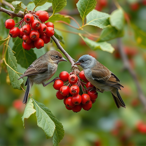 Birds pecking at ripe rowan berries