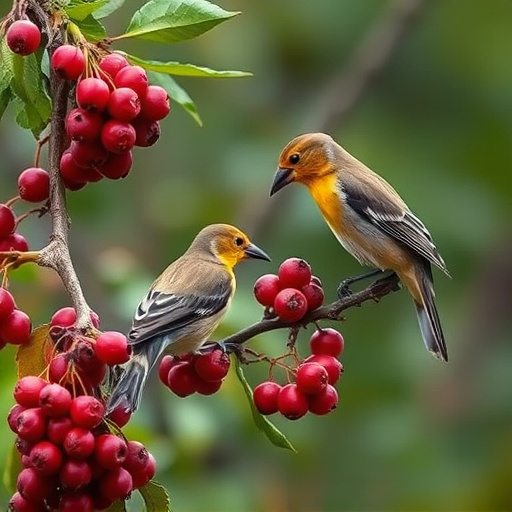 Birds pecking at ripe rowan berries