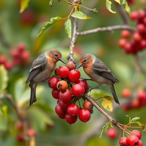 Birds pecking at ripe rowan berries