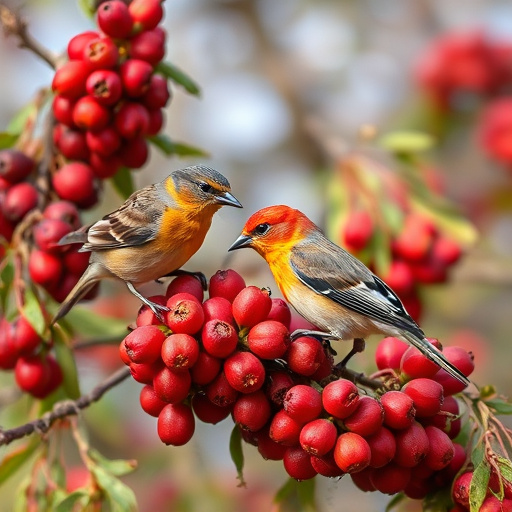 Birds pecking at ripe rowan berries