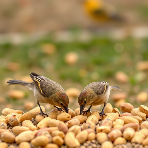 Birds pecking at scattered peanuts