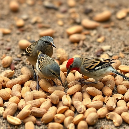 Birds pecking at scattered peanuts