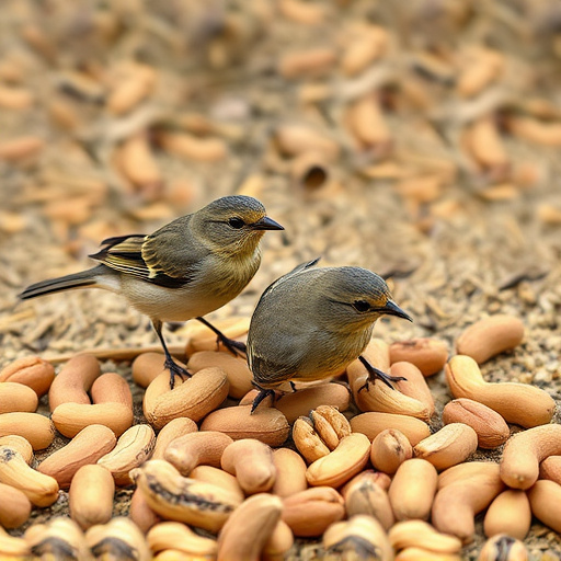 Birds pecking at scattered peanuts