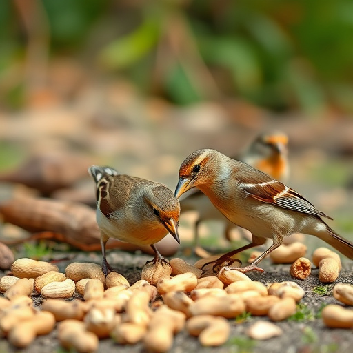 Birds pecking at scattered peanuts outdoors