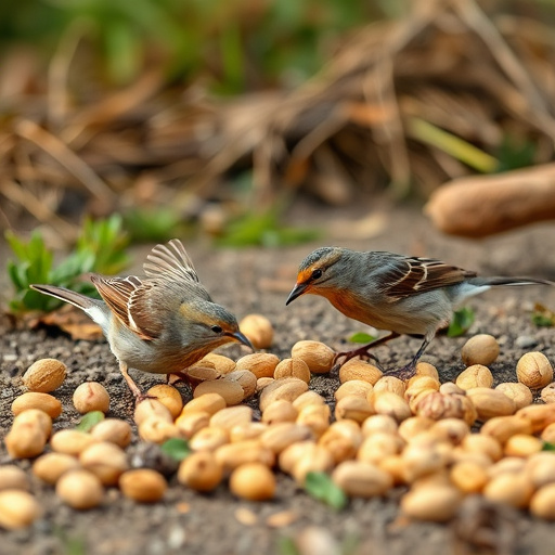 Birds pecking at scattered peanuts outdoors