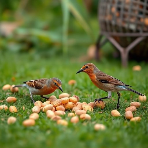 Birds pecking at scattered peanuts outdoors