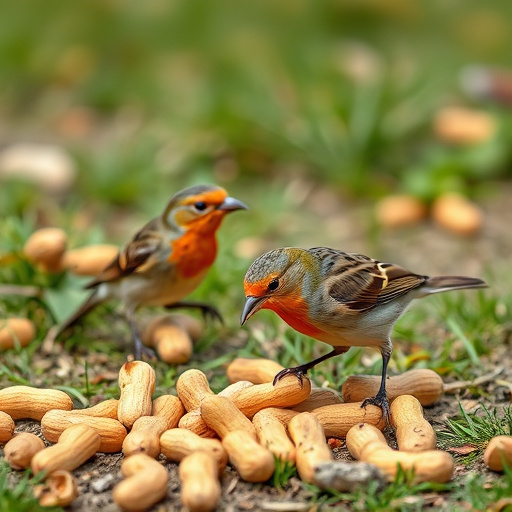 Birds pecking at scattered peanuts outdoors