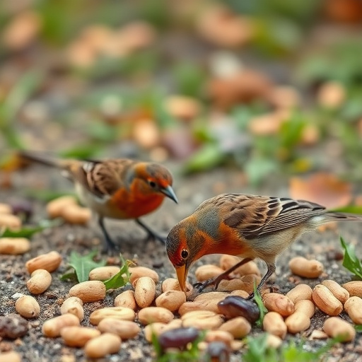 Birds pecking at scattered peanuts outdoors
