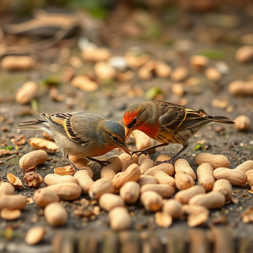 Birds pecking at scattered peanuts outdoors