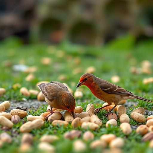 Birds pecking at scattered peanuts outdoors