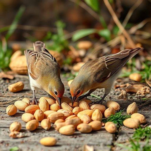 Birds pecking at scattered peanuts outdoors