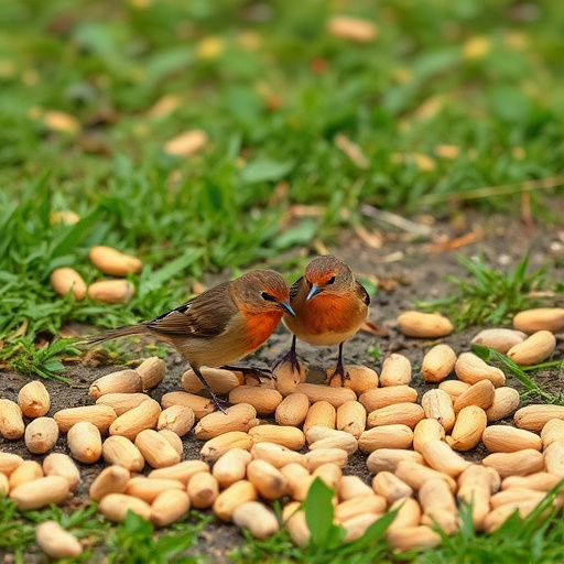 Birds pecking at scattered peanuts outdoors