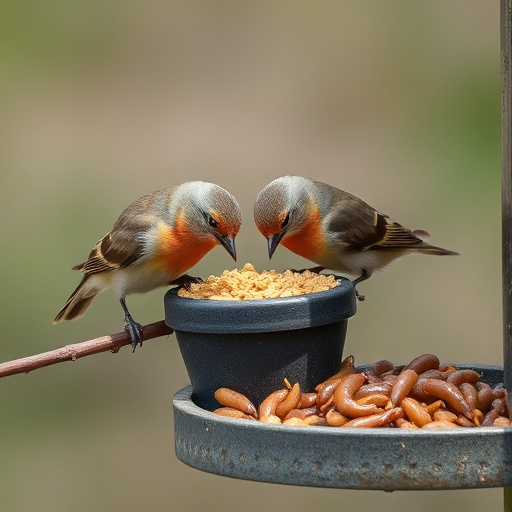 Birds pecking at suet and mealworms