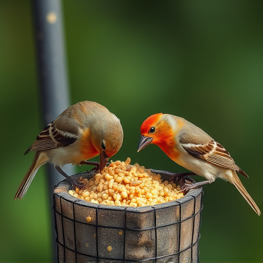 Birds pecking at suet and mealworms