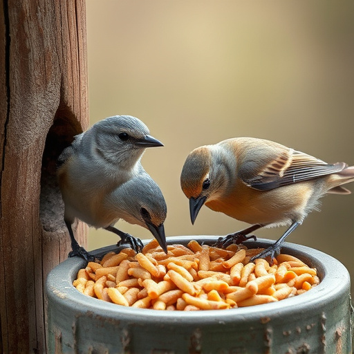 Birds pecking at suet and mealworms