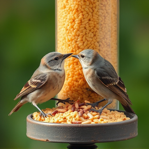 Birds pecking at suet and mealworms