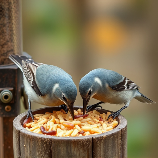 Birds pecking at suet and mealworms