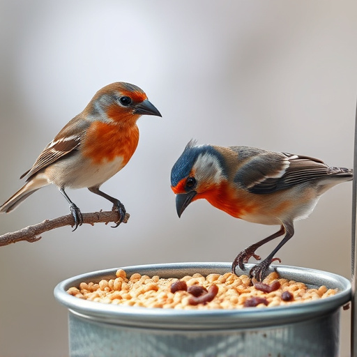 Birds pecking at suet and mealworms