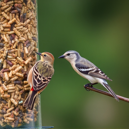Birds pecking at suet pellets