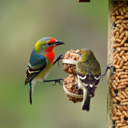 Birds pecking at suet pellets