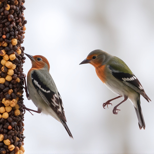 Birds pecking at suet pellets