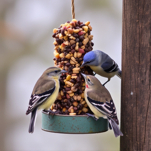 Birds pecking at suet pellets