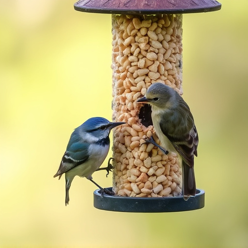 Birds pecking at suet pellets