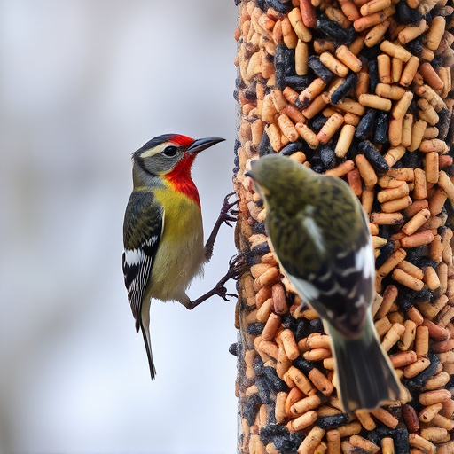 Birds pecking at suet pellets