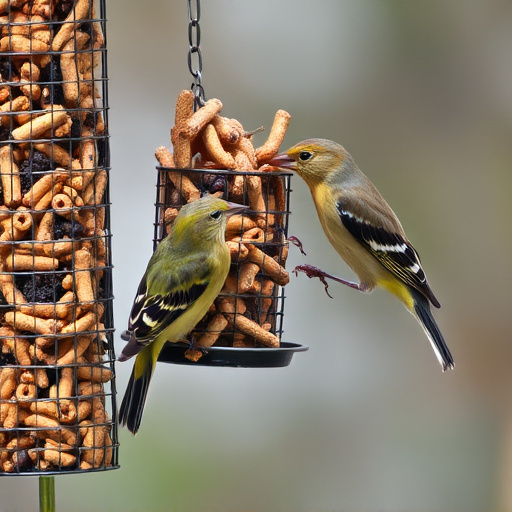 Birds pecking at suet pellets