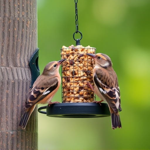 Birds pecking at suet pellets