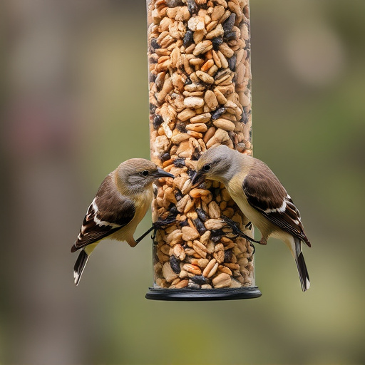 Birds pecking at suet pellets