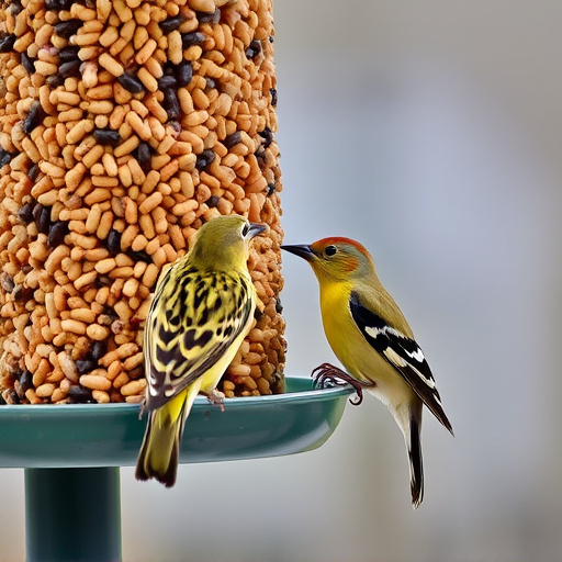 Birds pecking at suet pellets
