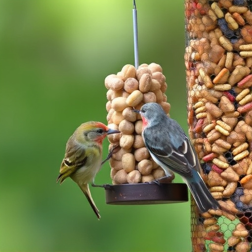Birds pecking at suet pellets