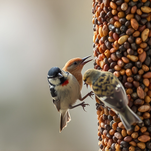 Birds pecking at suet pellets