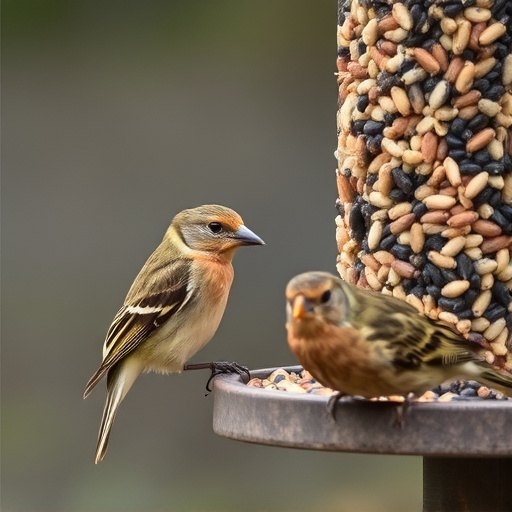 Birds pecking at suet pellets