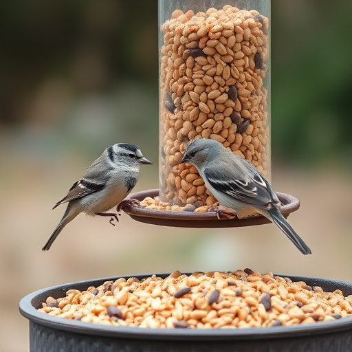 Birds pecking seeds from ground feeder
