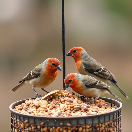 Birds pecking seeds from ground feeder