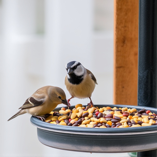 Birds pecking seeds from ground feeder