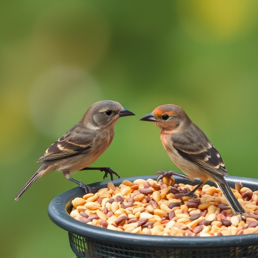 Birds pecking seeds from ground feeder