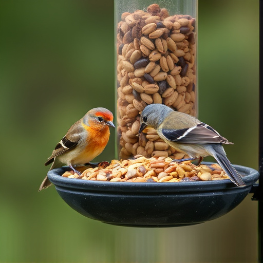 Birds pecking seeds from ground feeder