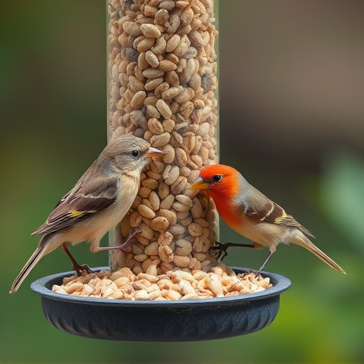 Birds pecking seeds from ground feeder