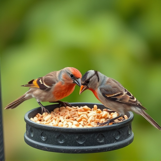 Birds pecking seeds from ground feeder