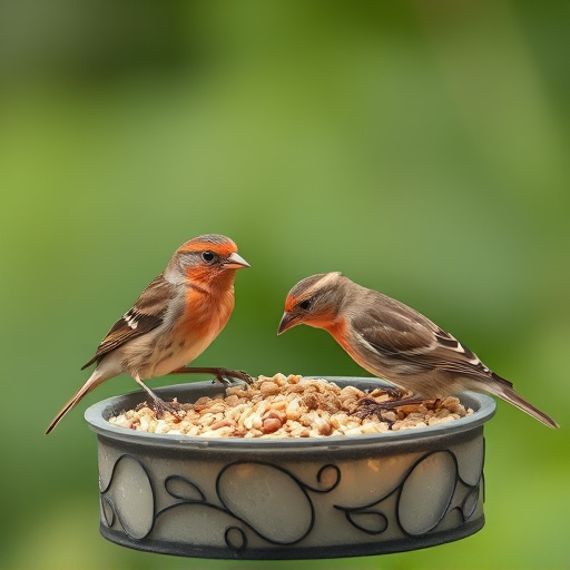 Birds pecking seeds from ground feeder