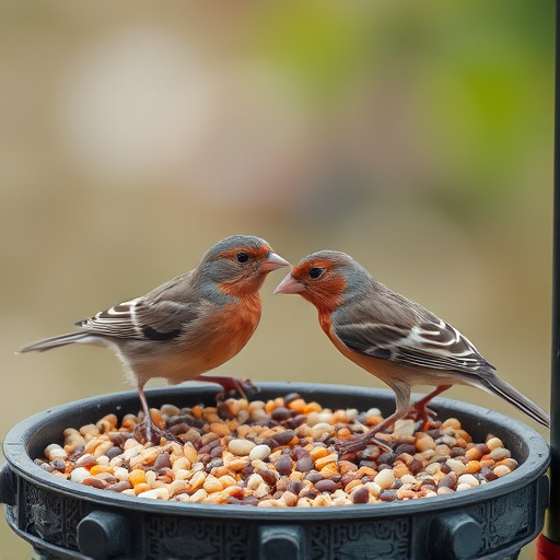 Birds pecking seeds from ground feeder