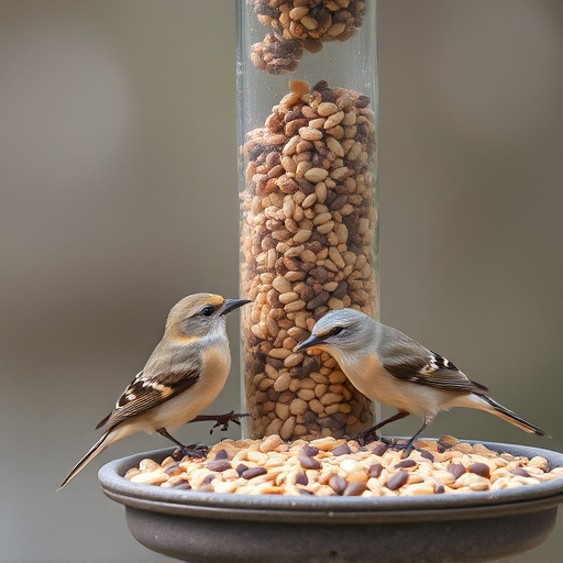 Birds pecking seeds from ground feeder