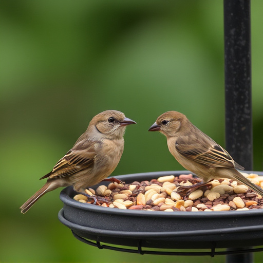 Birds pecking seeds from ground feeder