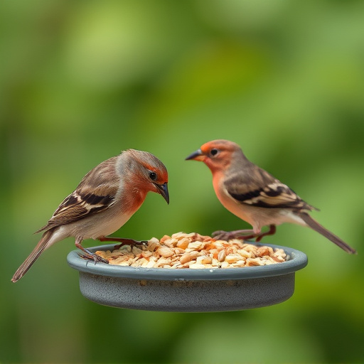 Birds pecking seeds from ground feeder